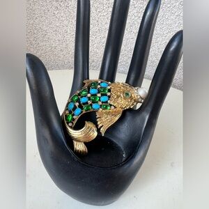 Vintage glam Koi fish pendant gold tone with green blue stones & rhinestones